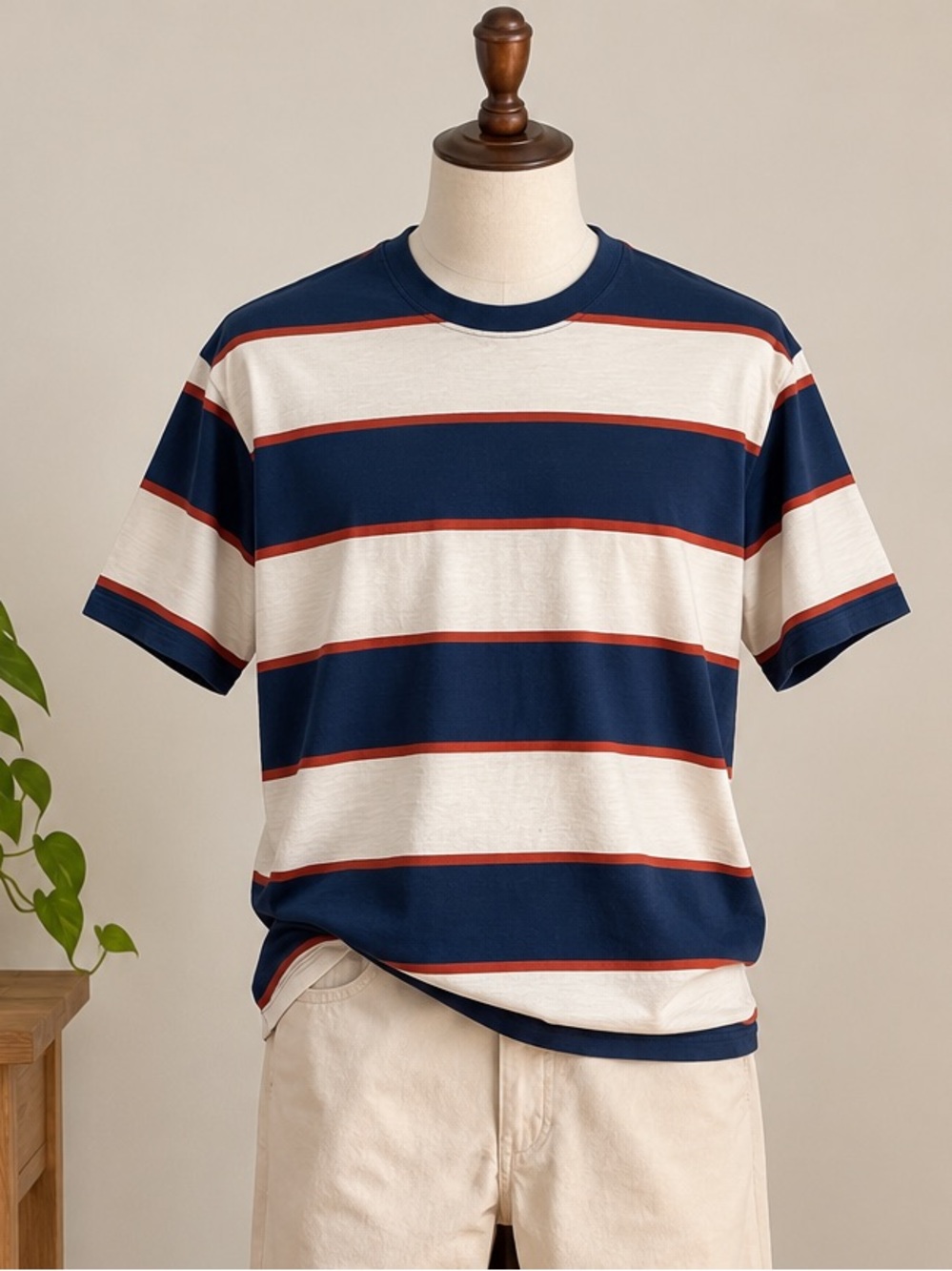 Le 31 Simons Striped T-Shirt M Navy Cream Rust Retro Nautical Coastal Preppy